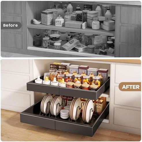 Seinloes 4 Pack Pull out Cabinet Organizer 21"Deep with Raising Pad for Framed Cabinets, Expandable Slide out Drawers for Kitchen Cabinets with 4pcs Divider Racks, Roll out Shelves 12.1"-20.4" W Black - Image 5