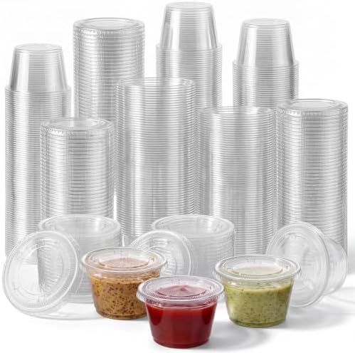 Maxdot 600 Pack 3.25 oz Containers with Lids Plastic Portion Cups Bulk Mini Disposable Souffle Container Cup Sauce Condiment Leak Proof Shot Lunch Small Portion Box Travel Party Dinner Sauce Salad by Maxdot