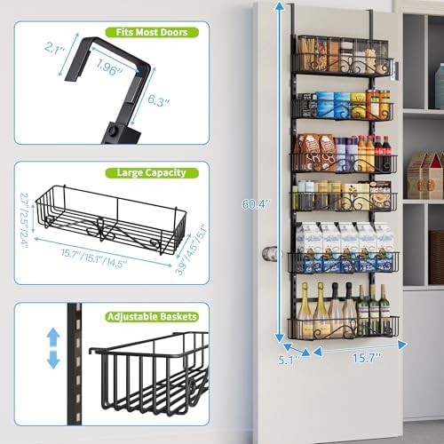 6-Tier Over Door Hanging Shelf, Adjustable Metal Storage Rack for Kitchen Pantry Office, Black - Image 2