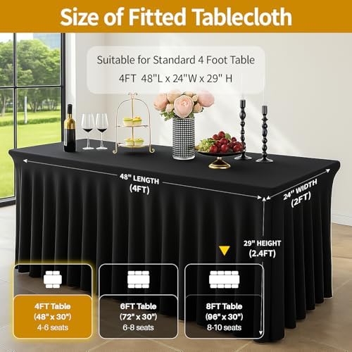 Deep Dream 2 Pack Black Spandex Table Covers 4 Foot, Fitted Stretch Tableclothes 24x48 Inch, Wrinkle Free 4FT Fitted Table Clothes with Skirt for Party, Banquet, Wedding and Events - Image 3