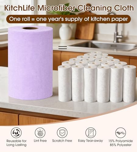 KitchLife Microfiber Cleaning Cloth Roll, 100 Pack - Tear-Away Microfiber Paper Towels, Lint-Free, Reusable, Washable for Kitchen, Car, Dishes, and Sensitive Surfaces (Light Purple) - Image 3