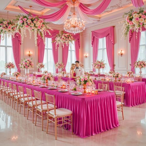 PARTISKY 6 Pack Hot Pink Tablecloths for Rectangle Tables 6ft, Wrinkle Resistant Spandex Table Cover Fitted Stretch Table Cloth with Pleated Ruffle Skirts for Party Banquet Dining Birthday Wedding - Image 7