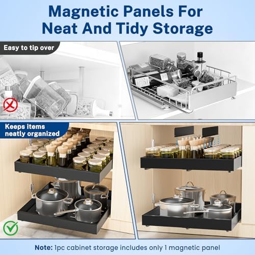 Insputer Pull Out Cabinet Organizer Expandable Width(12.2"-20.47") & 21" Deep, No Drill Adhesive Slide Out Drawers with Upgrade 3 Slide Rails, Magnetic Panel, Roll Out Shelf for Kitchen, Pantry Black - Image 4