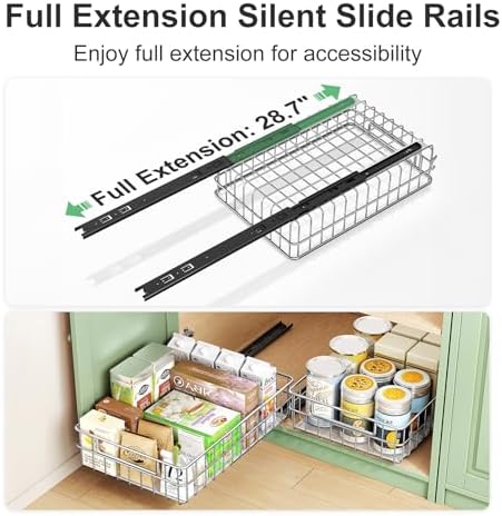 Pull out Cabinet Organizer, Stainless Steel 2-Pack Slide out Drawer with Silent Full-Extension Slides, Adhesive Roll out Can Spice Storage Basket Shelf Rack for Pantry, Kitchen, Bathroom, Home Closet - Image 5