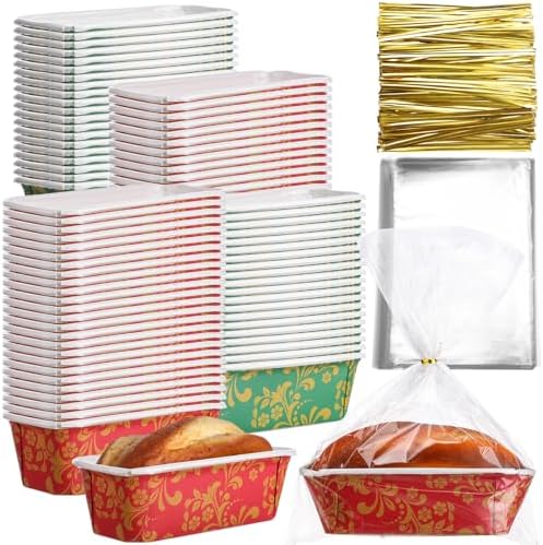Vesici 100 Sets Christmas Paper Loaf Pans Mini Disposable Baking Pans | 6.3 x 2.2 x 2.2 Inch, Cake Pan Liners, with Clear Plastic Bags and Ties, Xmas Rectangle Bread Mold for Bakery by Vesici