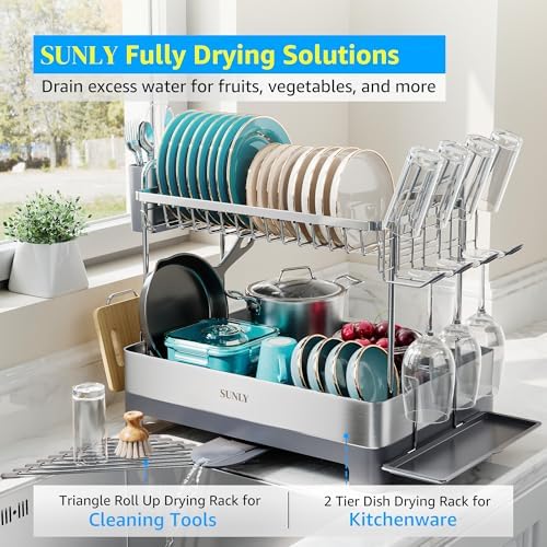 SUNLY Large Dish Drying Rack, Multipurpose 2 Tier Dish Racks for Kitchen Counter, 304 Stainless, Extra Large Drain Board, Gray - Image 2