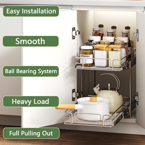 2 Tier Individual Pull Out Cabinet Organizer 10½" W x 18" D, Heavy Duty Cabinet Pull Out Shelves, Slide Out Drawers Organization for Kitchen Cabinets Bathroom - Image 2