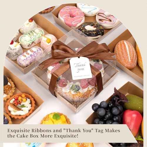 7 x 7 x 4 Inches Paper Cake Boxes with Clear Lids, 50 Pack Brown Charcuterie Boxes Large Square Food Containers, Disposable Bakery Boxes for Valentine's Day 4-6 Inch Bundt Cake, Pie, Dessert - Image 4