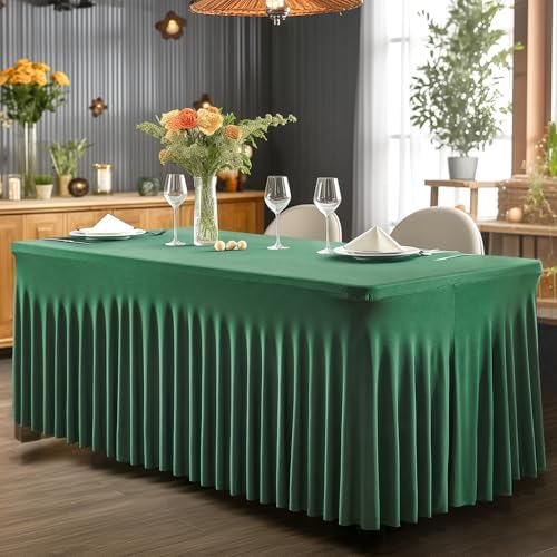 Wish Care 2 Pack Hunter Green Stretch Spandex Table Clothes for 8 Foot Rectangle Tables, 8FT Wrinkle Free Fitted Tablecloths Ruffles Design Table Cover for Party, Banquet, Wedding and Events - Image 5