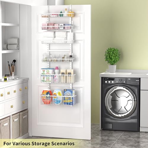 Moforoco Adjustable Over the Door Organizer, Metal Hanging Door Organizer with 5 Wire Basket 7 Hooks, Wall Mounted Shelf for Pantry Laundry Organization and Storage, White - Image 5