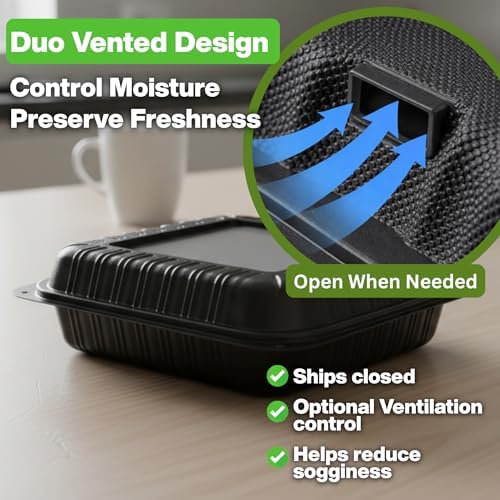 Hinged Take-Out Containers 9″ x 9″ BPA Free, Clamshell To Go Boxes Recyclable, Microwave & Freezer Safe Food Storage Boxes for Restaurants, Catering - Cake Slice Container - Black - Image 2