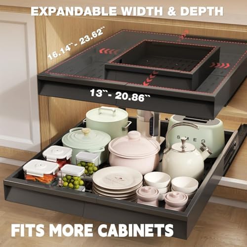 Seinloes Pull Out Cabinet Organizer, 4-Side Expandable to Fit Most Cabinets, 3 Rail Slide Out Drawers with Raising Pad for Framed & Frameless Cabinets, 13"-21" W x 17"-24" D, Black, 2 Pack - Image 2
