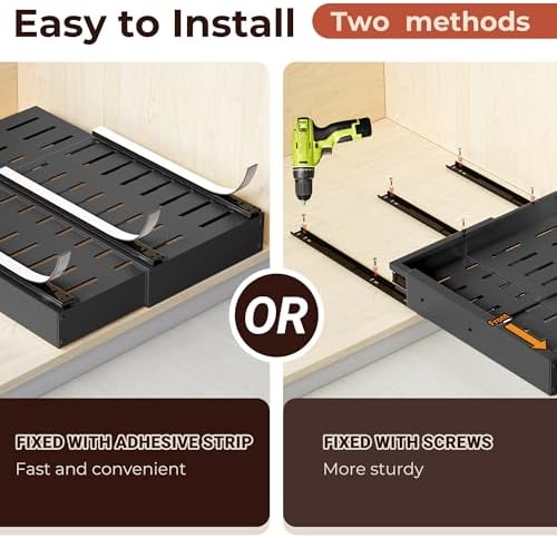 1 Pack Pull Out Drawers for Cabinets, Slide Out Drawer Expandable Width (12"-19") and Depth (17"-23") With 3 Slides, Fixed with Adhesive Film & Nail for Cabinets in Kitchen, Pantry or Bathroom - Black - Image 5