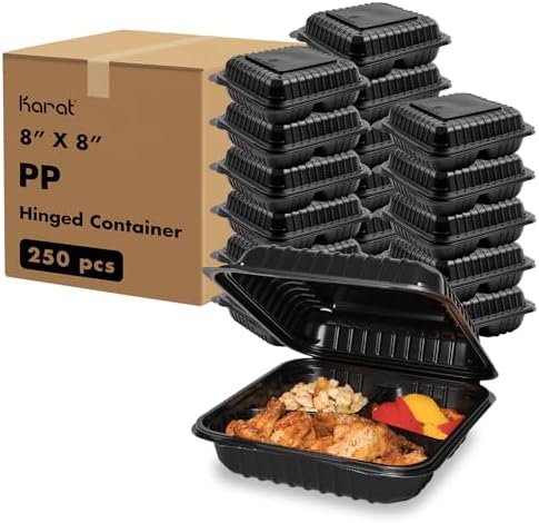 Karat Clamshell Take Out Food Containers [8"x8" - 250 ct] 3-Compartment, Durable, Microwavable, Stackable, Crack-Resistant To Go Boxes | Black by Karat