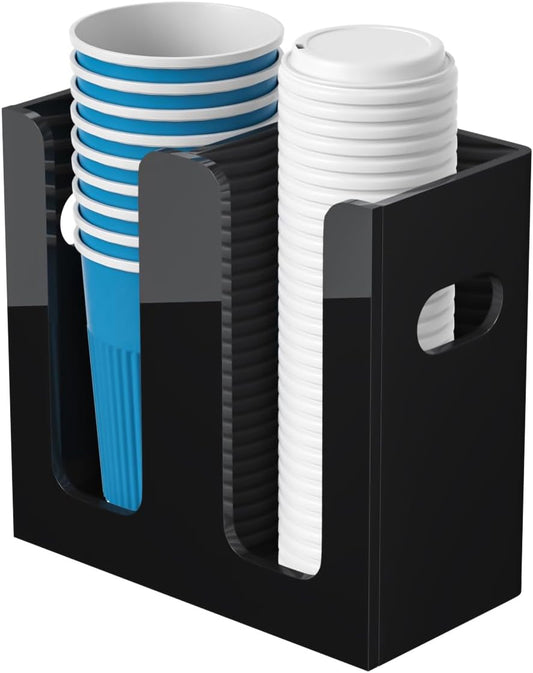 WINFFOR Disposable Cup Organizer Dispenser - 2 Compartments Black Acrylic Cup and Lid Holder with Handles Plastic Cup Dispenser Countertop Paper Cup Holder for Coffee Bar House Party Essentials