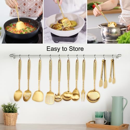 304 Gold Cooking Utensils Set, 11PCS Stainless Steel Kitchen Utensils Set, Metal Kitchen Utensils Set Include Meat Fork, Tongs, Turner, Soup Ladle, Dishwasher Safe - Image 4
