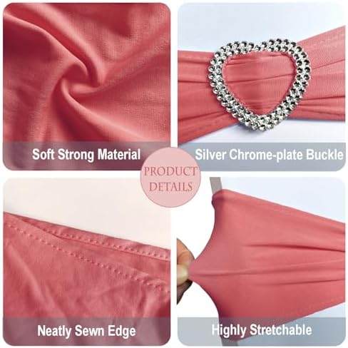 Coral Red Chair Sashes Bows 30 Pack Spandex Coral Red Sashes for Chairs Universal Elastic Chair Sashes Bands with Heart Buckle Slider for Banquet Wedding Party Decorations - Image 3