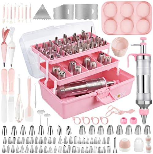 Gawren-H&E 209 PCS Cake Decorating Kit, Baking Supplies tools for beginner | Cake Decorating Supplies with Icing Dispenser Gun,Piping Bags and Tips Set,Scrapers and more-Frosting Piping Kit(Light Pink) by Gawren-HE