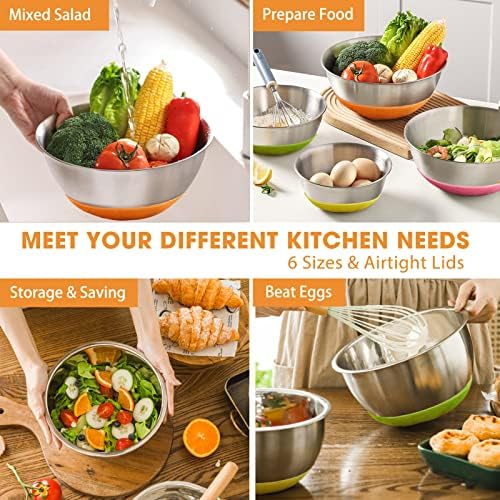 Umite Chef Mixing Bowls with Airtight Lids, 6 Piece Stainless Steel Metal Bowls, Measurement Marks & Colorful Non-Slip Bottoms Size 7, 3.5, 2.5, 2.0,1.5, 1QT, Great for Mixing & Serving - Image 5