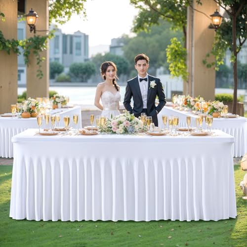 Besutolife 2 Pack White Spandex Tablecloth for 8ft Rectangle Tables Fitted Table Cloth Stretch Table Covers Skirt 8ft Rectangular Tablecloths for Banquet Parties Wedding Decorations - Image 2