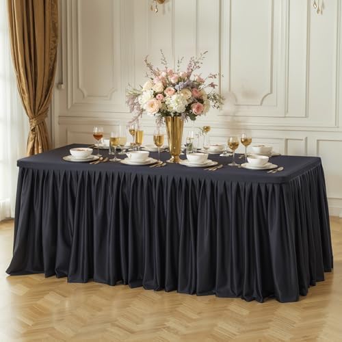 PARTISKY 6 Pack Black Tablecloths for Rectangle Tables 8ft, Wrinkle Resistant Black Table Cover Fitted Stretch Table Cloth with Pleated Ruffle Skirts for Party Banquet Dining Birthday Wedding - Image 4