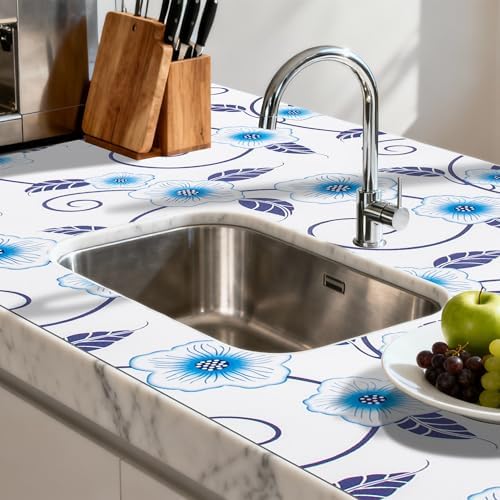 FIFTY FEET 18"x96" Non-Adhesive Shelf Liner for Kitchen Cabinets and Drawers, Washable Non-Slip PVC Cabinet Liner (Blue Flower)(1 Roll) - Image 6