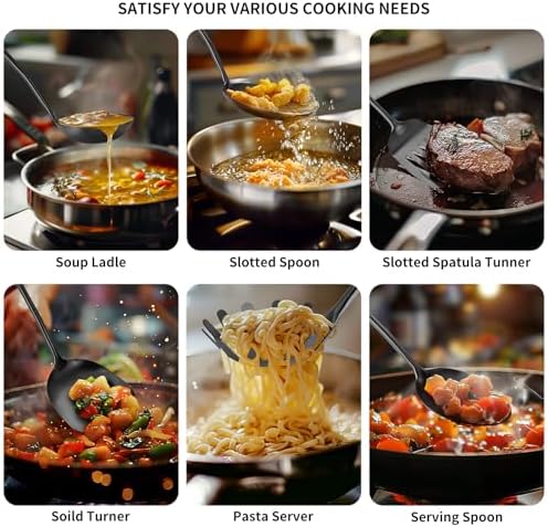 304 Stainless Steel Cooking Utensils,6 Pcs Kitchen Cooking Utensils Set with Spatula, Solid Spoon, Ladle, Skimmer, Spaghetti Spoon,Dishwasher Safe(Black) - Image 4