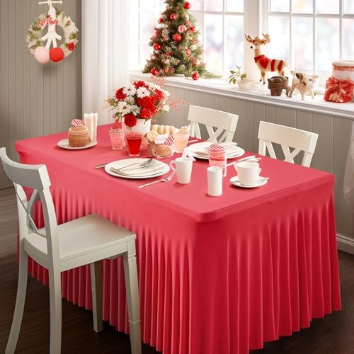 Wish Care 2 Pack Red Spandex Table Clothes for 4 Foot Rectangle Tables, 4FT Wrinkle Free Fitted Tablecloths Ruffles Design Stretch Table Cover for Party, Banquet, Wedding and Events - Image 6