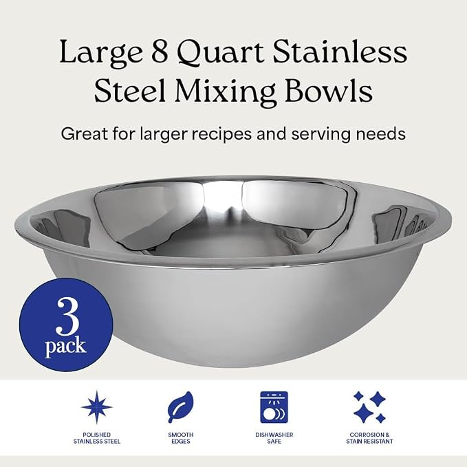 8 Quart Large Stainless Steel Mixing Bowls Set, 3-Pack, Nesting Bowls | Extra Large Commercial Grade Metal Bowls for Meal Prep, Baking, Serving, Food Storage. Rustproof & Dishwasher Safe - Image 4