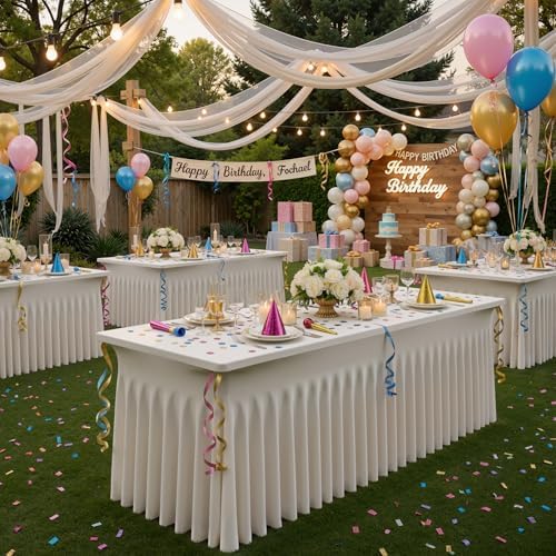 2 Pack Beige Spandex Table Clothes for 8 Foot Rectangle Tables, Wrinkle Free Fitted Table Cover 8ft Stretch Tablecloths Desk Skirt for Parties Weddings Birthday Banquet Baby Shower - Image 5