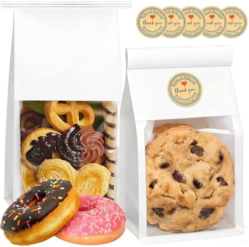 50 Pack White Cookie Bags with Seal, 8.2x3.9x3.1 Inch Tin Tie Tab Lock Bakery Bags with Window Resealable Paper Packaging Bag for Muffin, Candies, Scone, Brownie, Included 50 Thank You Stickers by GOULIKFUL