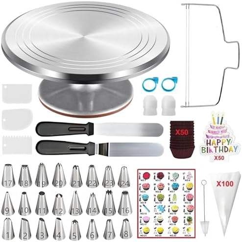 ANSLYQA Cake Decorating Kit, 237 Pcs Baking Tools | Aluminium Cake Turntable, Leveler, 24 Numbered Icing Tips, 2 Spatulas, 3 Scrapers, 50 Cupcake Liners, 100 Pastry Bags & More by ANSLYQA