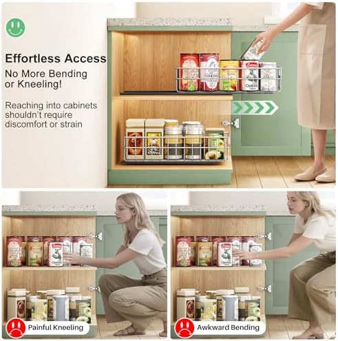 Pull out Cabinet Organizer, Stainless Steel 4-Pack (9.8"W x 16.5"D) Full-Extension Slide out Drawer, Adhesive Roll out Can Spice Storage Basket Shelf Rack for Pantry, Kitchen, Bathroom, Home Closet - Image 6