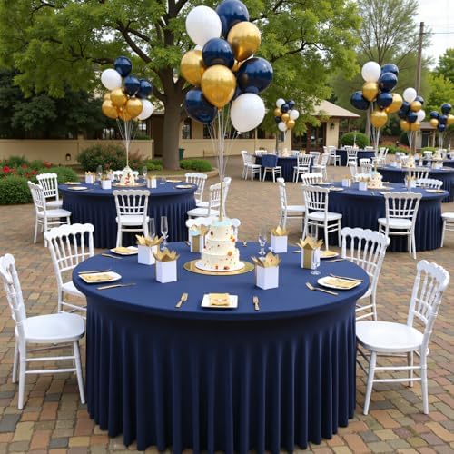 Outpain 6 Pack Spandex Navy Blue Round Tablecloths for 60in Tables, 120Inch Stretchy Fitted 5FT Round Table Clothes,Wrinkle Free Table Cover with Skirt for Wedding Party Dining Banquet - Image 2