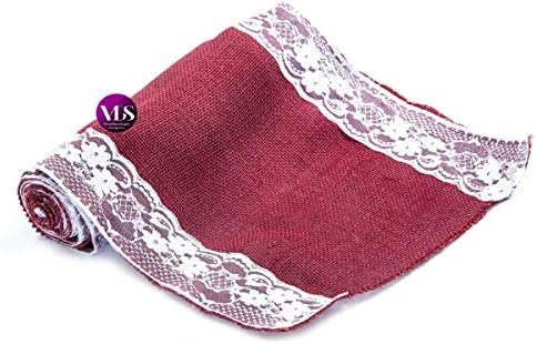 VDS Pack of 12, Burlap Table Runner with White Lace Edge, 100% Natural Jute Rustic Hessian Table Cloth Centerpiece for Wedding Birthday Party Banquet Table Decoration (Size 12X108 Inch)(Maroon) - Image 3