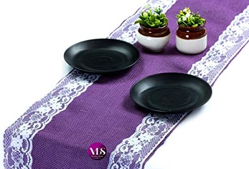 VDS Pack of 5, Burlap Table Runner with White Lace Edge, 100% Natural Jute Rustic Hessian Table Cloth Centerpiece for Wedding Birthday Party Banquet Table Decoration (Size 12X108 Inch)(Lavender) by VDS