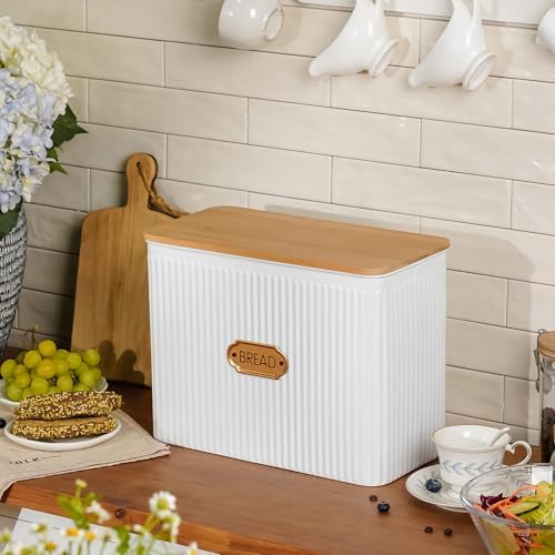 Extra Large Vertical Stripe Embossed Bread Box with Bamboo Lid | Corner Breadbox for Homemade Bread, White Metal Bread Storage Container Bin for Kitchen Countertop, Fits 2 Loaves of Bread - Image 2