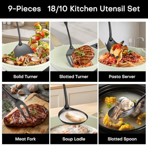 Lazycorner Kitchen Utensil Set 9-Piece Stainless Steel 304 Polished Mirror Finish Cooking Spoons, Slotted Spoon, Turner, Spatula, Pasta Spoon– Dishwasher Safe, Rust-Resistant - Image 4