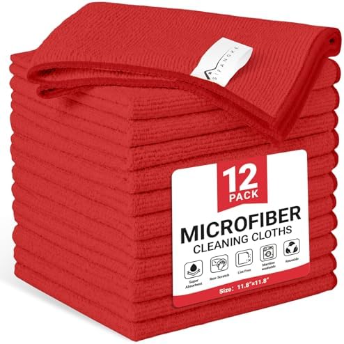 SIFANGKE Microfiber Cleaning Cloth, 12 Pack Red Cleaning Rags for Housekeeping, Reusable Microfiber Towels for Car, Kitchen, Bathroom and Household Cleaning Supplies, 11.8"X11.8" by Unknown