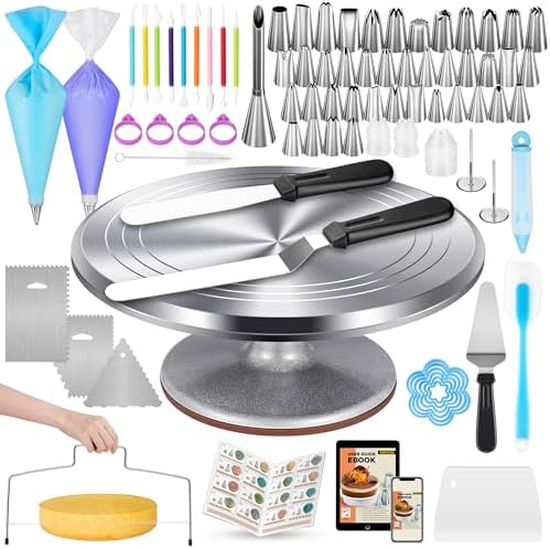 Kootek 180 Aluminum Cake Decorating Kit, Baking Tools for Beginners & Pros | Smooth Rotating, All-in-1 Kit, Easy to Clean, Cake Stand Turntable for Decorating Display Baking, Piping Bags and Tips Set by Kootek
