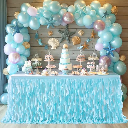 Partisky Aqua Blue Tulle Curly Willow Table Skirt for Rectangle Table 9ft, Ruffle Tutu Table Cloth for Boys Baby Shower,Birthday Party Candy Cake Tables - Image 2