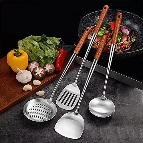 4-Piece Wok Tool Set, Stainless Steel & Wood, 17 Inch Long, Spatula, Skimmer, Soup Ladle, Slotted Spatula - Image 7