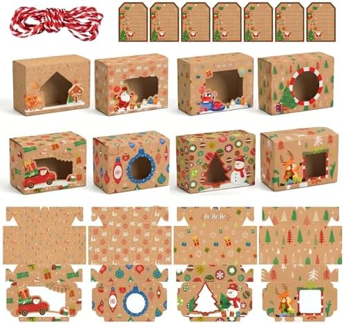 Zhanmai 64 Pcs Christmas Treat Boxes with Window Holiday Kraft Bakery Christmas Cookie Gift Boxes Xmas Pastry Food Containers with Ribbons DIY Tags for Party Favor Gift Giving(Rustic) by Zhanmai