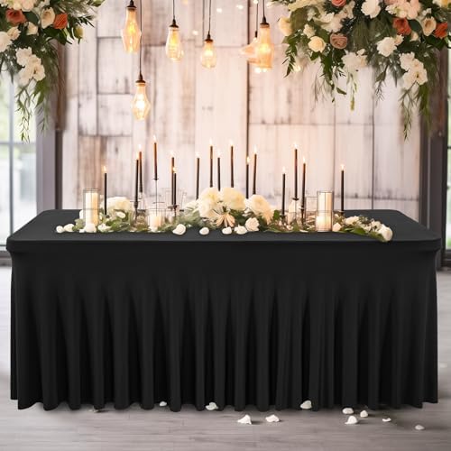 Wish Care 2 Pack Black Spandex Table Cloths for Rectangle Tables 8ft - One-Piece Wrinkle Free Fitted Table Cover 8 Foot Stretch Tablecloths for Party, Banquet, Wedding and Events - Image 6