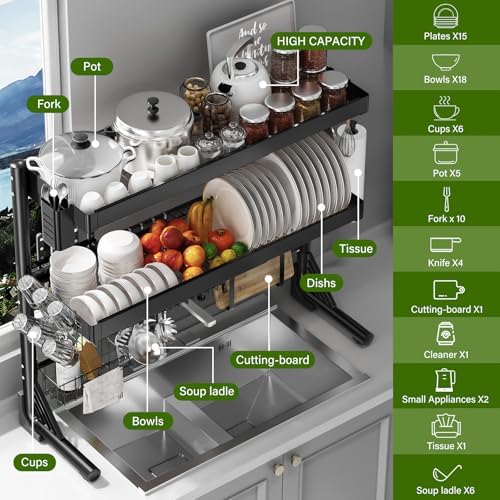 Over Sink Dish Drying Rack, 3-Tier Full Stainless Steel Drainer Dish Rack Adjustable 20.9''-37.4'', Expandable Multifunctional Kitchen Organizer - Image 2