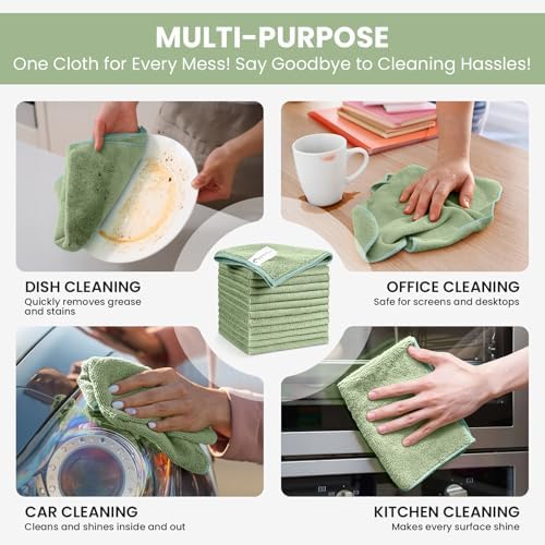 SIFANGKE Microfiber Cleaning Cloth, 12 Pack Green Cleaning Rags for Housekeeping, Reusable Microfiber Towels for Car, Kitchen, Bathroom and Household Cleaning Supplies, 11.8"X11.8" - Image 5