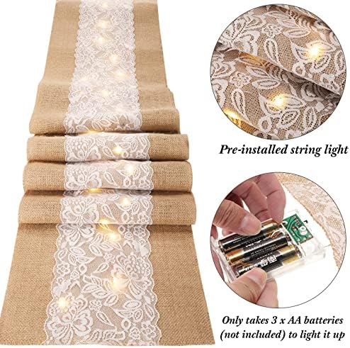 Xinnun 12 Pcs Burlap Table Runner with Lights 12 x 108 Inches Burlap Lace Table Runner Rustic Wedding Decorations Home Party (Flower) - Image 3