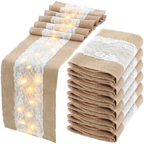Xinnun 6 Pcs Burlap Table Runner with Lights 12 x 108 Inches Burlap Lace Table Runner Rustic Wedding Decorations Home Party (Flower) by Xinnun