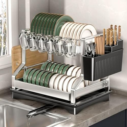 Fandian Dish Drying Rack 2 Tier Dish Racks for Kitchen Counter and Sink, Large Dish Drying Rack with Drainboard & Utensil Holders Stainless Steel Dish Drainers Kitchen Organization and Storage by Fandian