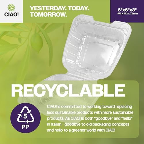 CIAO! 6"x6"x3" 1 Compartment PP Plastic Clear Hinged Container for Take Out (Case of 300) - Image 3